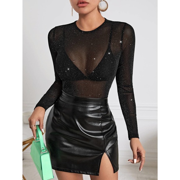 Long sleeve Glitter Sheer Mesh Top Without Bra black - Picture 4 of 5
